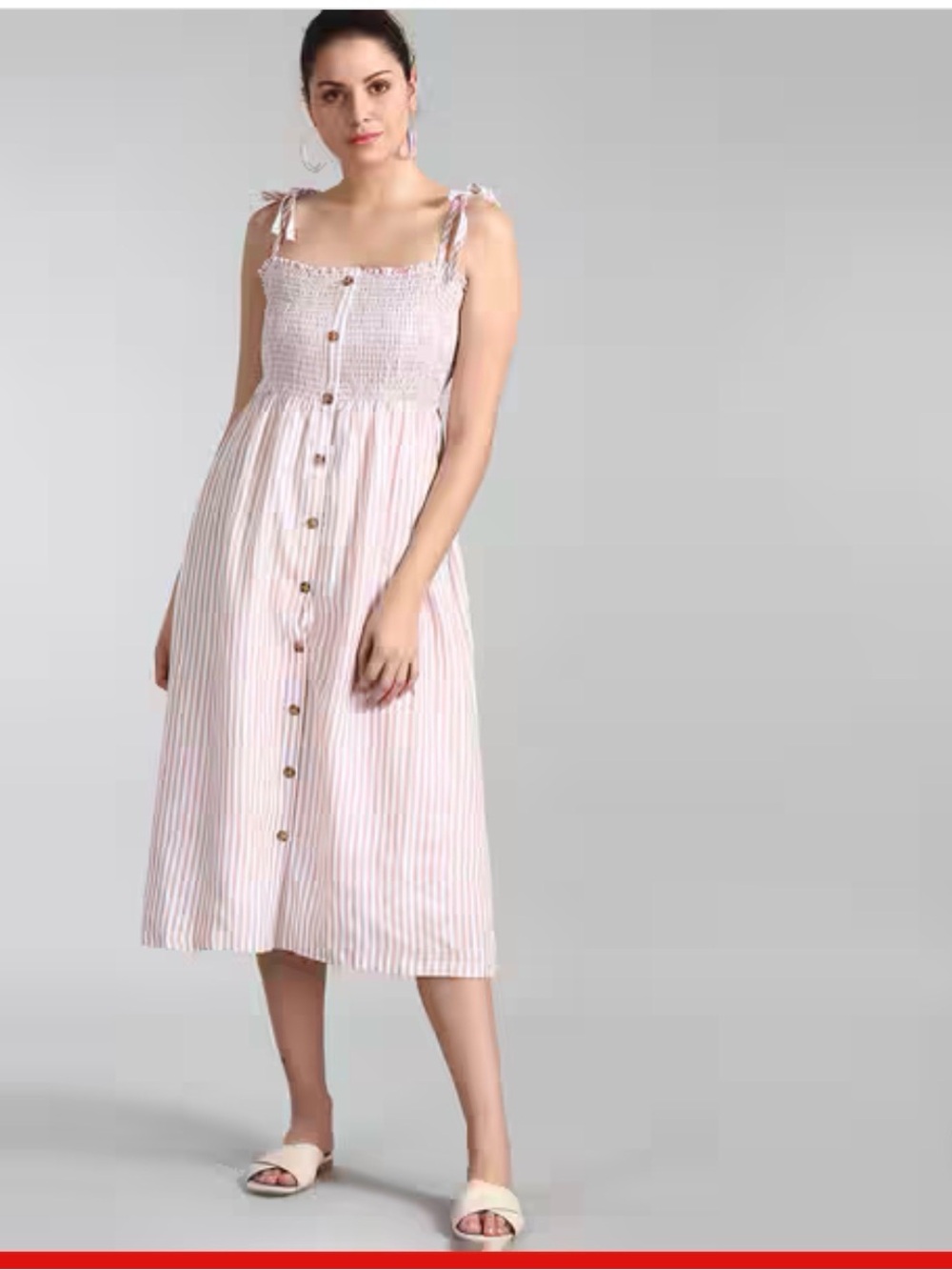 GAP Pink and White Striped Smocked Midi Dress 100% Linen Sz M